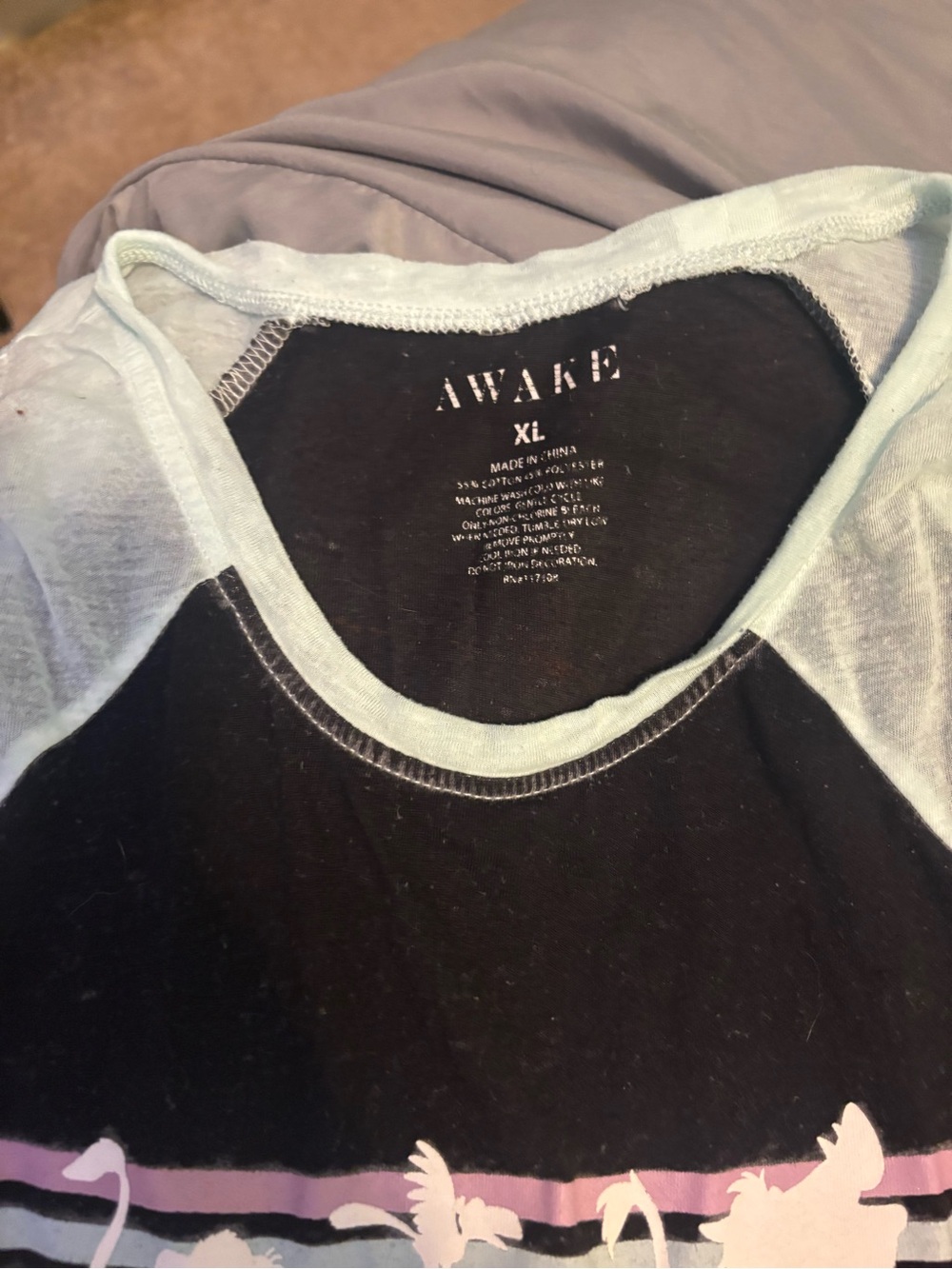 Awake Black & Light Blue Raglan Tee with Pink Accent Graphic